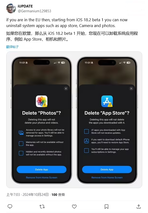 广宗苹果手机维修分享iOS 18.2 支持删除 App Store 应用商店 