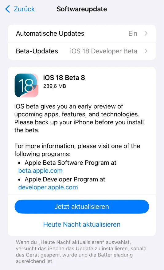 广宗苹果手机维修分享苹果 iOS / iPadOS 18 开发者预览版 Beta 8 发布 